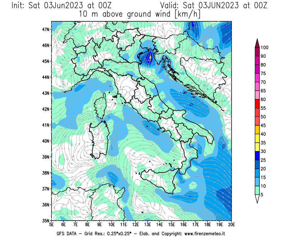 GFS analysi map - Wind Speed at 10 m above ground [km/h] in Italy
									on 03/06/2023 00 <!--googleoff: index-->UTC<!--googleon: index-->