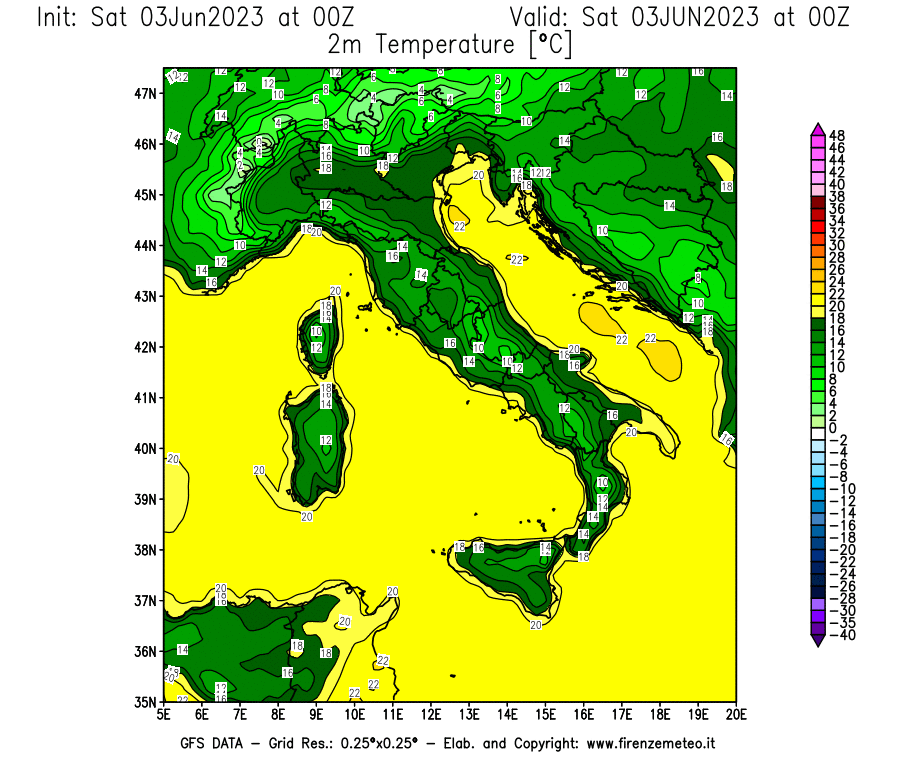 GFS analysi map - Temperature at 2 m above ground [°C] in Italy
									on 03/06/2023 00 <!--googleoff: index-->UTC<!--googleon: index-->