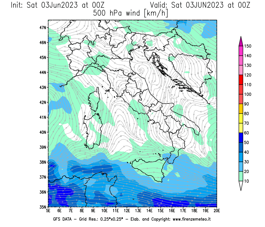 GFS analysi map - Wind Speed at 500 hPa [km/h] in Italy
									on 03/06/2023 00 <!--googleoff: index-->UTC<!--googleon: index-->