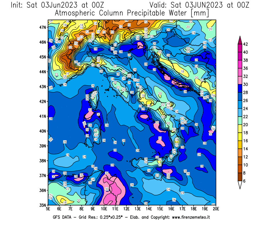 GFS analysi map - Precipitable Water [mm] in Italy
									on 03/06/2023 00 <!--googleoff: index-->UTC<!--googleon: index-->