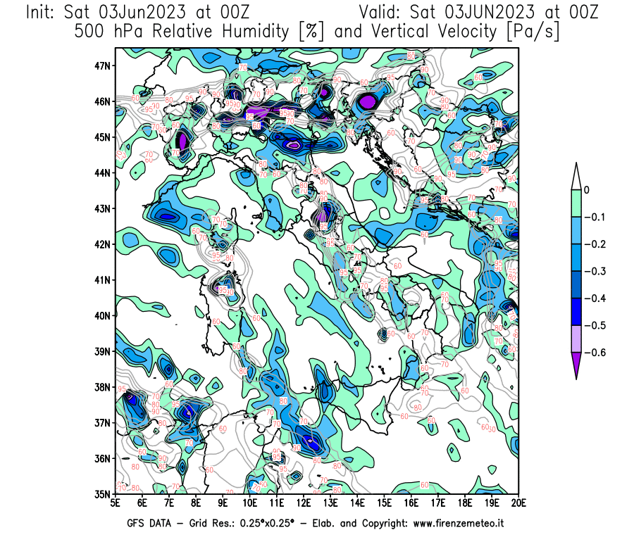 GFS analysi map - Relative Umidity [%] and Omega [Pa/s] at 500 hPa in Italy
									on 03/06/2023 00 <!--googleoff: index-->UTC<!--googleon: index-->
