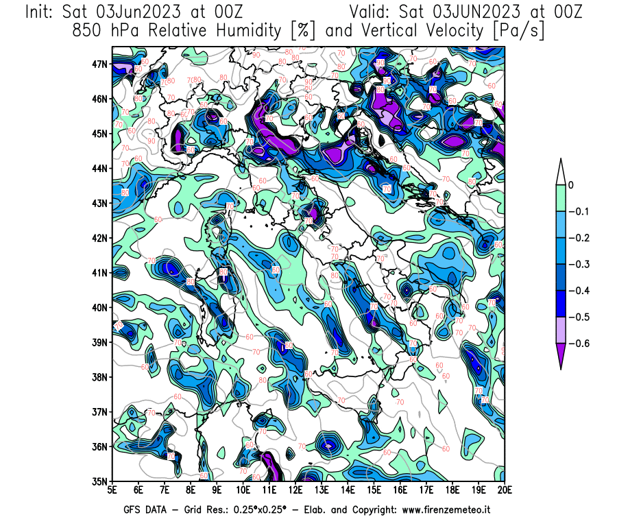 GFS analysi map - Relative Umidity [%] and Omega [Pa/s] at 850 hPa in Italy
									on 03/06/2023 00 <!--googleoff: index-->UTC<!--googleon: index-->