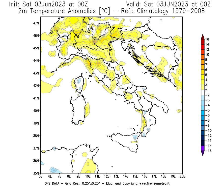 GFS analysi map - Temperature Anomalies [°C] at 2 m in Italy
									on 03/06/2023 00 <!--googleoff: index-->UTC<!--googleon: index-->