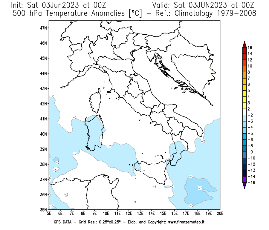 GFS analysi map - Temperature Anomalies [°C] at 500 hPa in Italy
									on 03/06/2023 00 <!--googleoff: index-->UTC<!--googleon: index-->