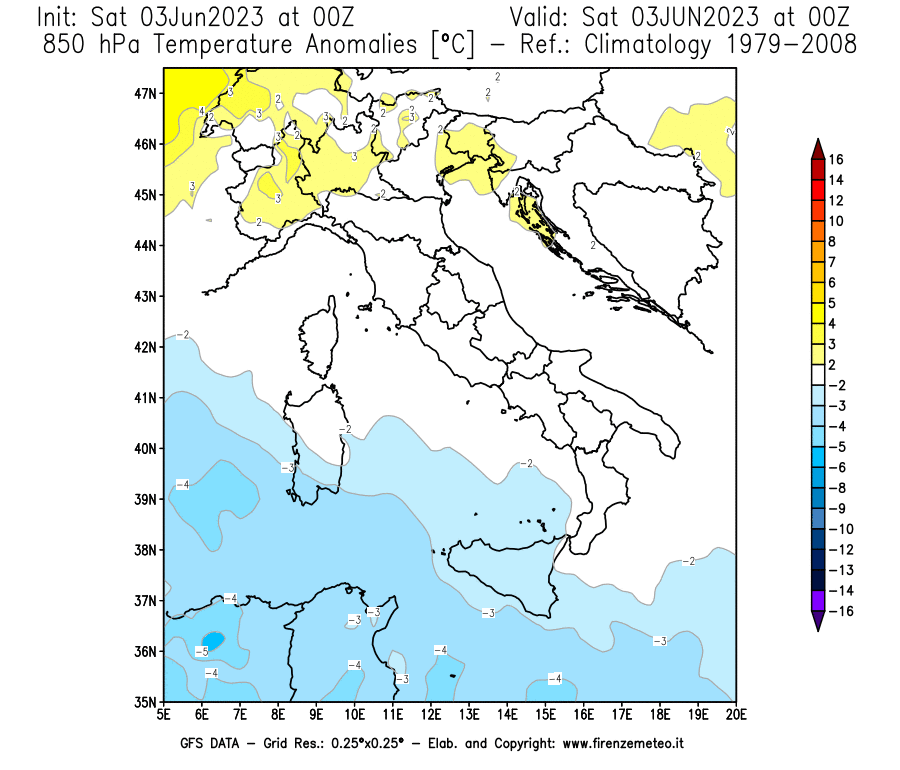 GFS analysi map - Temperature Anomalies [°C] at 850 hPa in Italy
									on 03/06/2023 00 <!--googleoff: index-->UTC<!--googleon: index-->