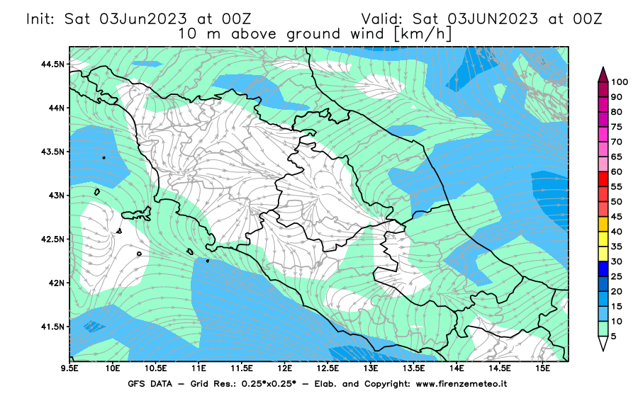 GFS analysi map - Wind Speed at 10 m above ground [km/h] in Central Italy
									on 03/06/2023 00 <!--googleoff: index-->UTC<!--googleon: index-->