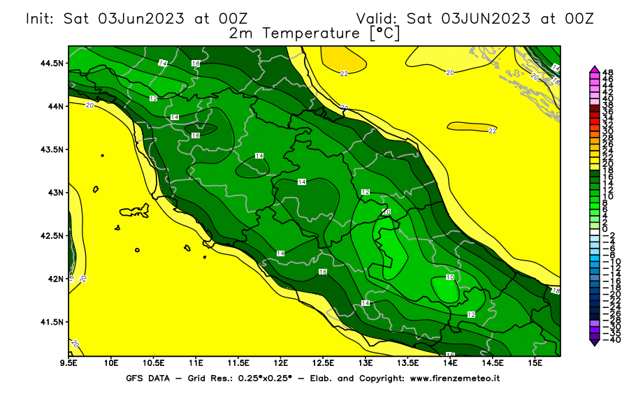 GFS analysi map - Temperature at 2 m above ground [°C] in Central Italy
									on 03/06/2023 00 <!--googleoff: index-->UTC<!--googleon: index-->