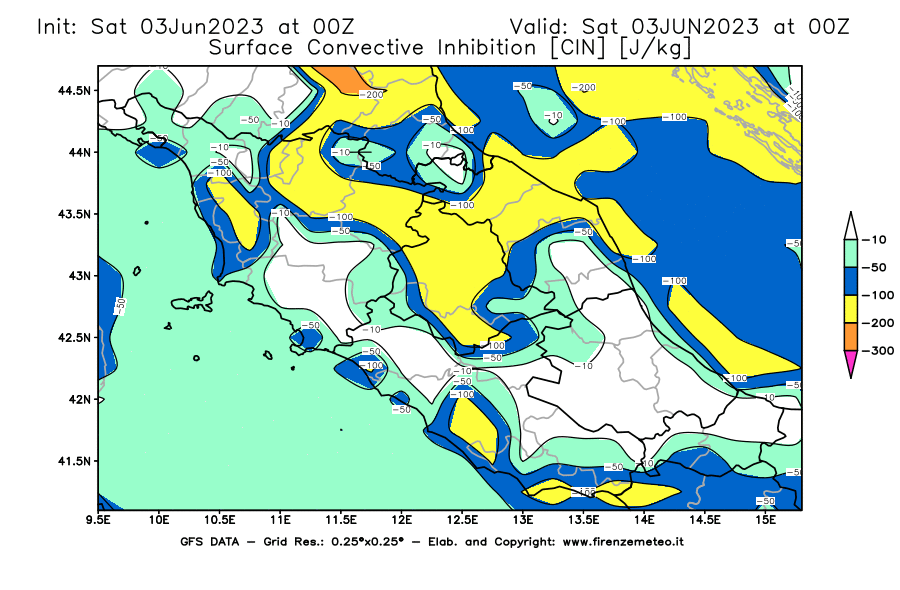 GFS analysi map - CIN [J/kg] in Central Italy
									on 03/06/2023 00 <!--googleoff: index-->UTC<!--googleon: index-->