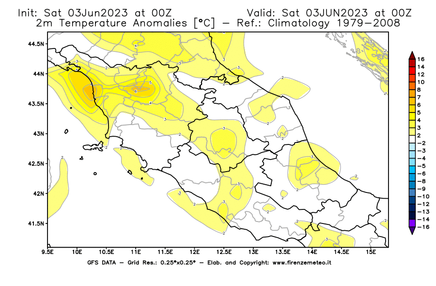 GFS analysi map - Temperature Anomalies [°C] at 2 m in Central Italy
									on 03/06/2023 00 <!--googleoff: index-->UTC<!--googleon: index-->