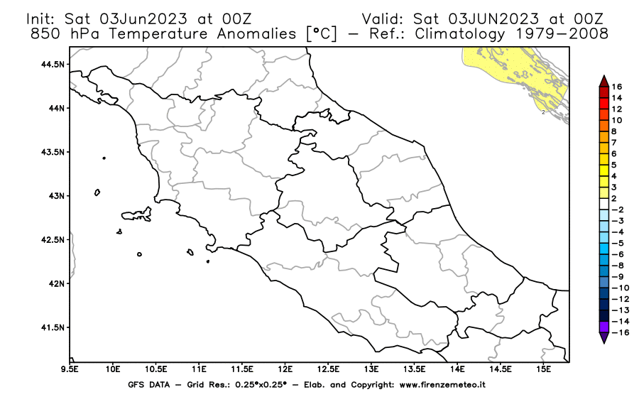 GFS analysi map - Temperature Anomalies [°C] at 850 hPa in Central Italy
									on 03/06/2023 00 <!--googleoff: index-->UTC<!--googleon: index-->