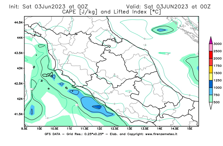 GFS analysi map - CAPE [J/kg] and Lifted Index [°C] in Central Italy
									on 03/06/2023 00 <!--googleoff: index-->UTC<!--googleon: index-->