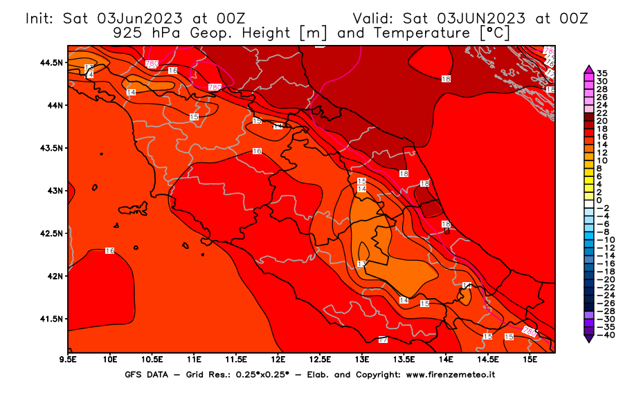 GFS analysi map - Geopotential [m] and Temperature [°C] at 925 hPa in Central Italy
									on 03/06/2023 00 <!--googleoff: index-->UTC<!--googleon: index-->