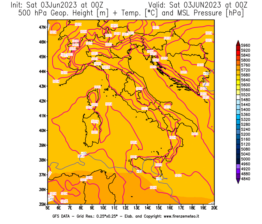 GFS analysi map - Geopotential [m] + Temp. [°C] at 500 hPa + Sea Level Pressure [hPa] in Italy
									on 03/06/2023 00 <!--googleoff: index-->UTC<!--googleon: index-->