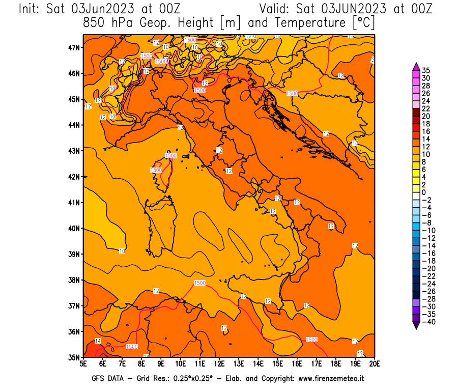 GFS analysi map - Geopotential [m] and Temperature [°C] at 850 hPa in Italy
									on 03/06/2023 00 <!--googleoff: index-->UTC<!--googleon: index-->