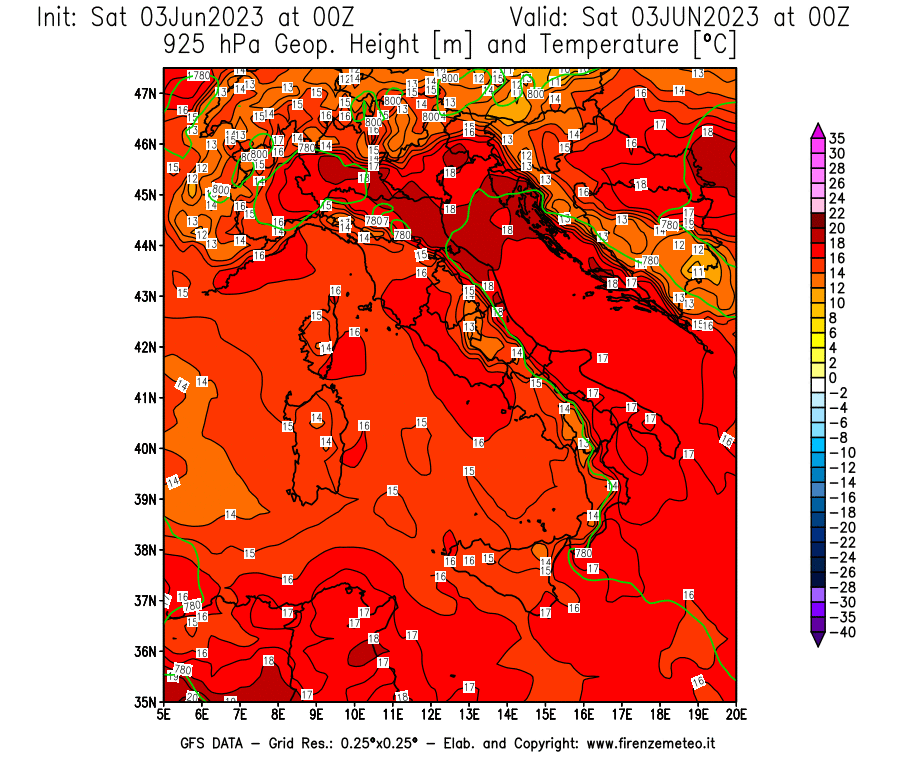 GFS analysi map - Geopotential [m] and Temperature [°C] at 925 hPa in Italy
									on 03/06/2023 00 <!--googleoff: index-->UTC<!--googleon: index-->