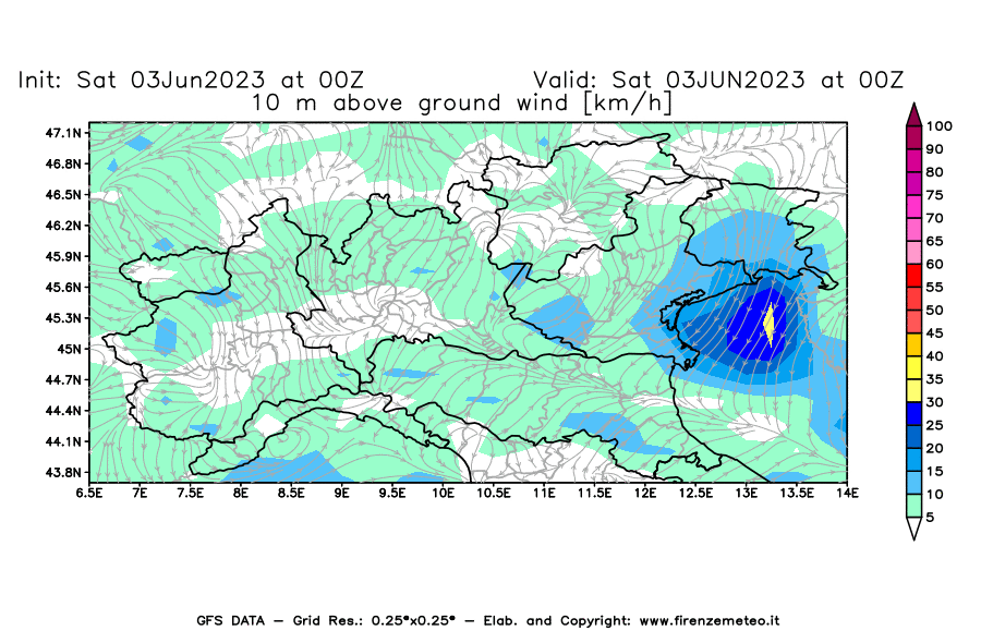 GFS analysi map - Wind Speed at 10 m above ground [km/h] in Northern Italy
									on 03/06/2023 00 <!--googleoff: index-->UTC<!--googleon: index-->