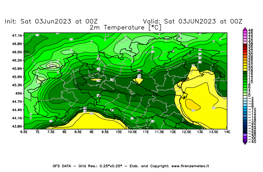 GFS analysi map - Temperature at 2 m above ground [°C] in Northern Italy
									on 03/06/2023 00 <!--googleoff: index-->UTC<!--googleon: index-->