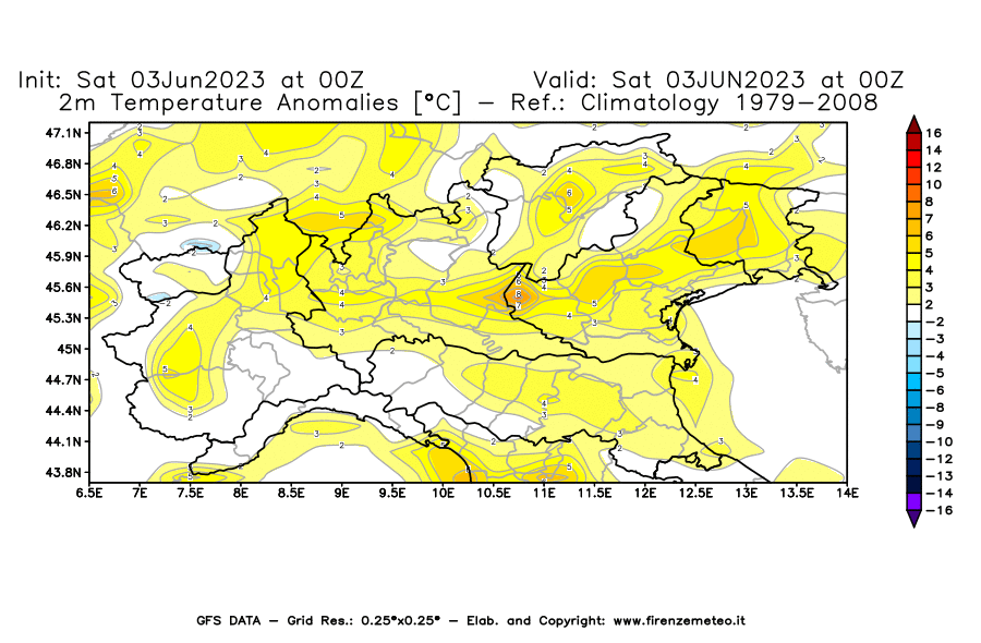 GFS analysi map - Temperature Anomalies [°C] at 2 m in Northern Italy
									on 03/06/2023 00 <!--googleoff: index-->UTC<!--googleon: index-->