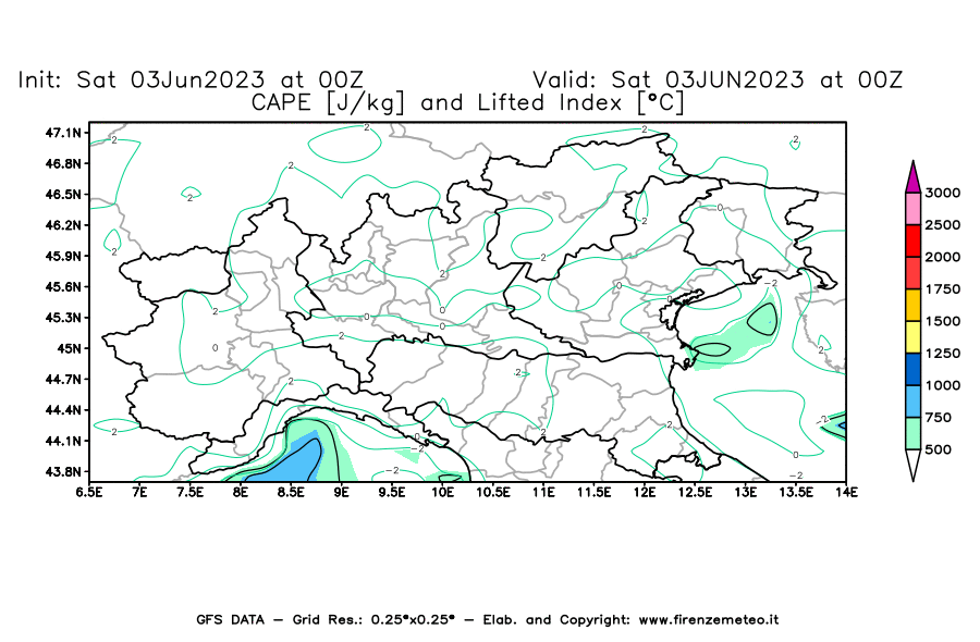 GFS analysi map - CAPE [J/kg] and Lifted Index [°C] in Northern Italy
									on 03/06/2023 00 <!--googleoff: index-->UTC<!--googleon: index-->