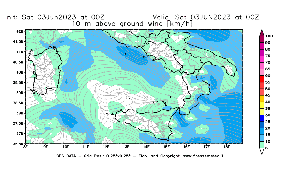 GFS analysi map - Wind Speed at 10 m above ground [km/h] in Southern Italy
									on 03/06/2023 00 <!--googleoff: index-->UTC<!--googleon: index-->