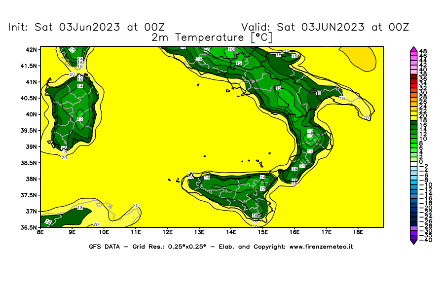 GFS analysi map - Temperature at 2 m above ground [°C] in Southern Italy
									on 03/06/2023 00 <!--googleoff: index-->UTC<!--googleon: index-->