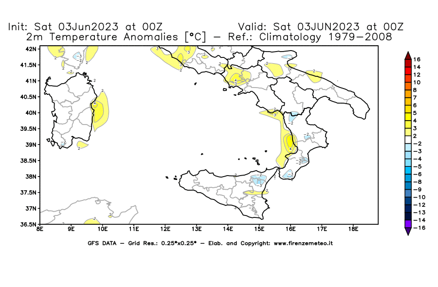 GFS analysi map - Temperature Anomalies [°C] at 2 m in Southern Italy
									on 03/06/2023 00 <!--googleoff: index-->UTC<!--googleon: index-->