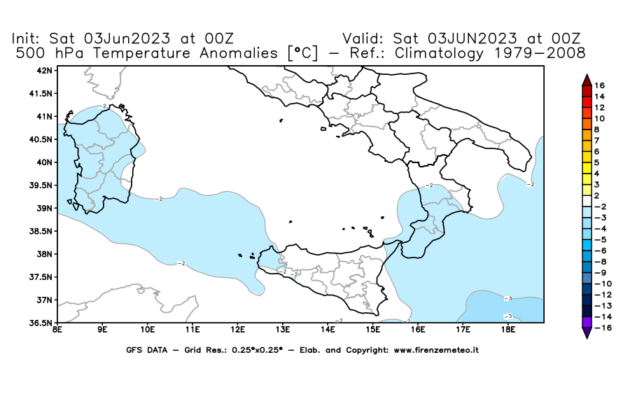 GFS analysi map - Temperature Anomalies [°C] at 500 hPa in Southern Italy
									on 03/06/2023 00 <!--googleoff: index-->UTC<!--googleon: index-->