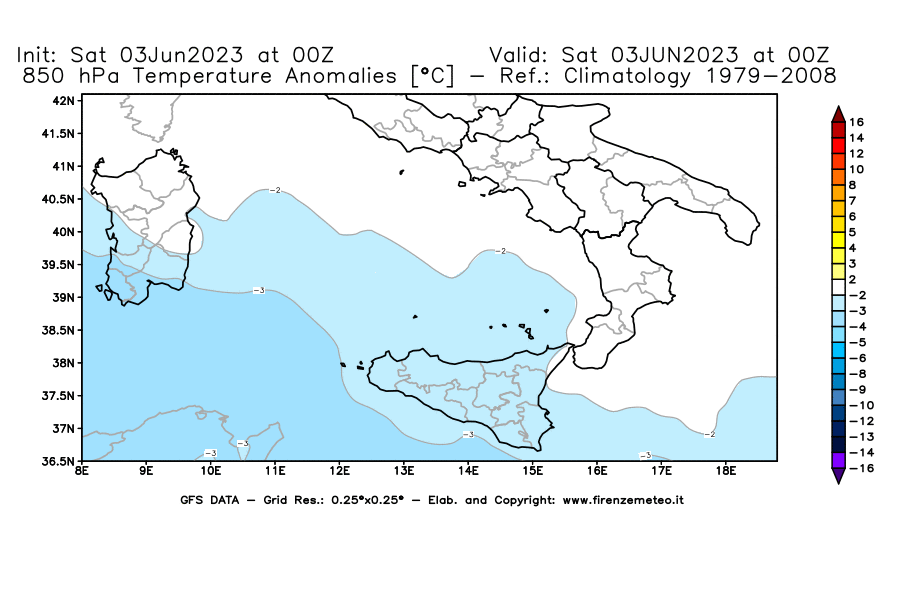 GFS analysi map - Temperature Anomalies [°C] at 850 hPa in Southern Italy
									on 03/06/2023 00 <!--googleoff: index-->UTC<!--googleon: index-->