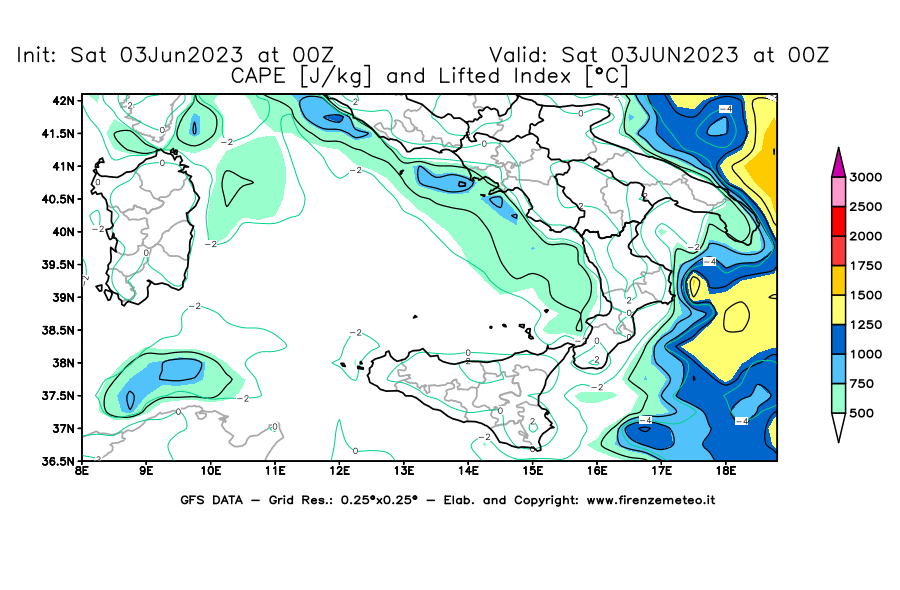 GFS analysi map - CAPE [J/kg] and Lifted Index [°C] in Southern Italy
									on 03/06/2023 00 <!--googleoff: index-->UTC<!--googleon: index-->