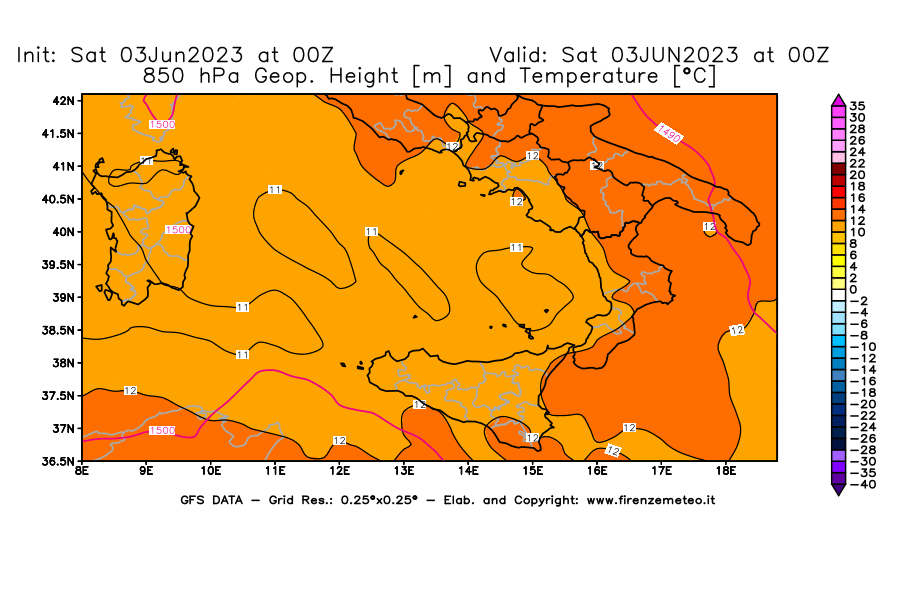 GFS analysi map - Geopotential [m] and Temperature [°C] at 850 hPa in Southern Italy
									on 03/06/2023 00 <!--googleoff: index-->UTC<!--googleon: index-->