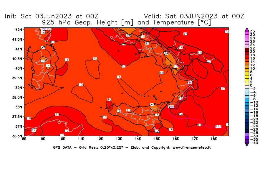 GFS analysi map - Geopotential [m] and Temperature [°C] at 925 hPa in Southern Italy
									on 03/06/2023 00 <!--googleoff: index-->UTC<!--googleon: index-->