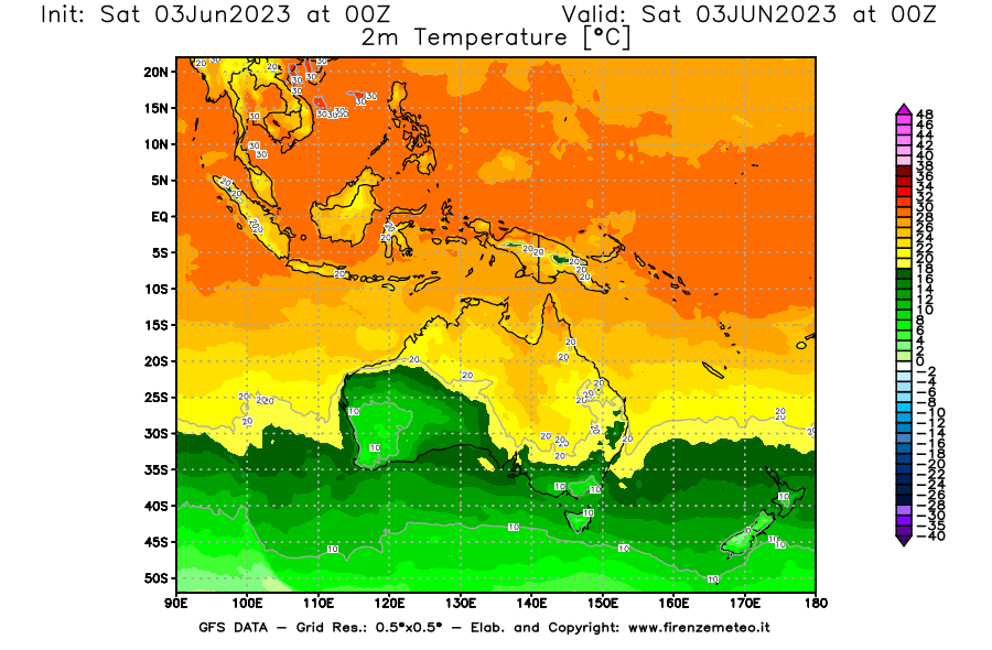 GFS analysi map - Temperature at 2 m above ground [°C] in Oceania
									on 03/06/2023 00 <!--googleoff: index-->UTC<!--googleon: index-->