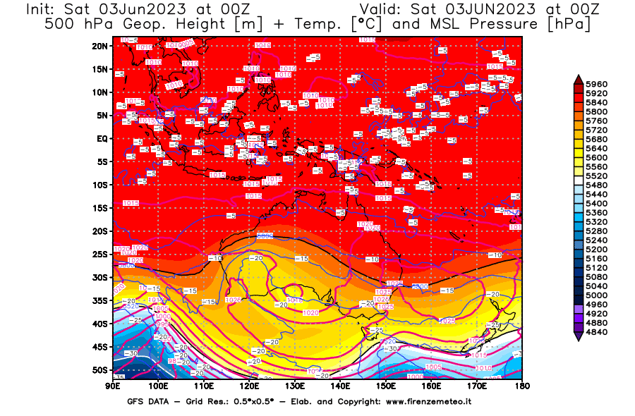 GFS analysi map - Geopotential [m] + Temp. [°C] at 500 hPa + Sea Level Pressure [hPa] in Oceania
									on 03/06/2023 00 <!--googleoff: index-->UTC<!--googleon: index-->