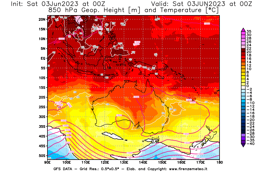 GFS analysi map - Geopotential [m] and Temperature [°C] at 850 hPa in Oceania
									on 03/06/2023 00 <!--googleoff: index-->UTC<!--googleon: index-->