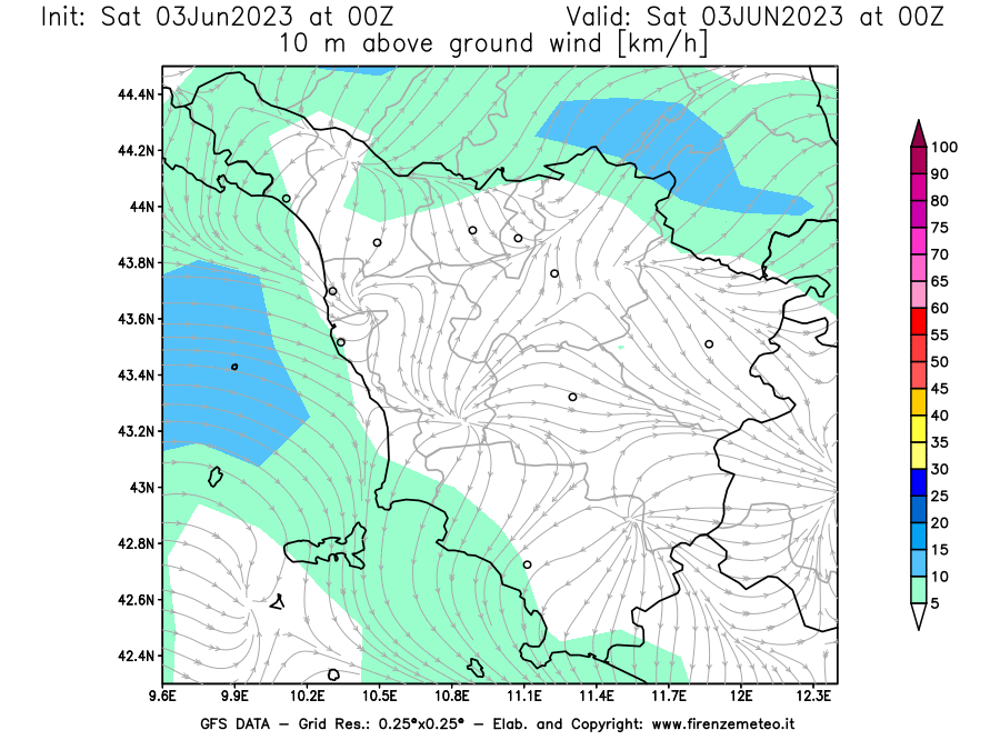 GFS analysi map - Wind Speed at 10 m above ground [km/h] in Tuscany
									on 03/06/2023 00 <!--googleoff: index-->UTC<!--googleon: index-->