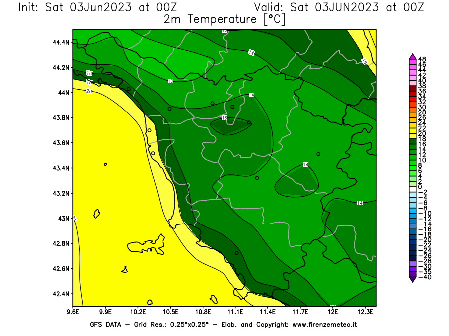 GFS analysi map - Temperature at 2 m above ground [°C] in Tuscany
									on 03/06/2023 00 <!--googleoff: index-->UTC<!--googleon: index-->