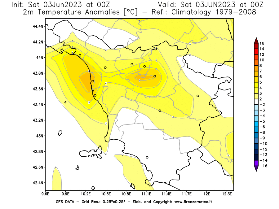 GFS analysi map - Temperature Anomalies [°C] at 2 m in Tuscany
									on 03/06/2023 00 <!--googleoff: index-->UTC<!--googleon: index-->