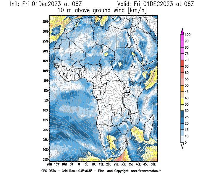 Mappa di analisi GFS - Velocità del vento a 10 metri dal suolo in Africa
							del 1 dicembre 2023 z06