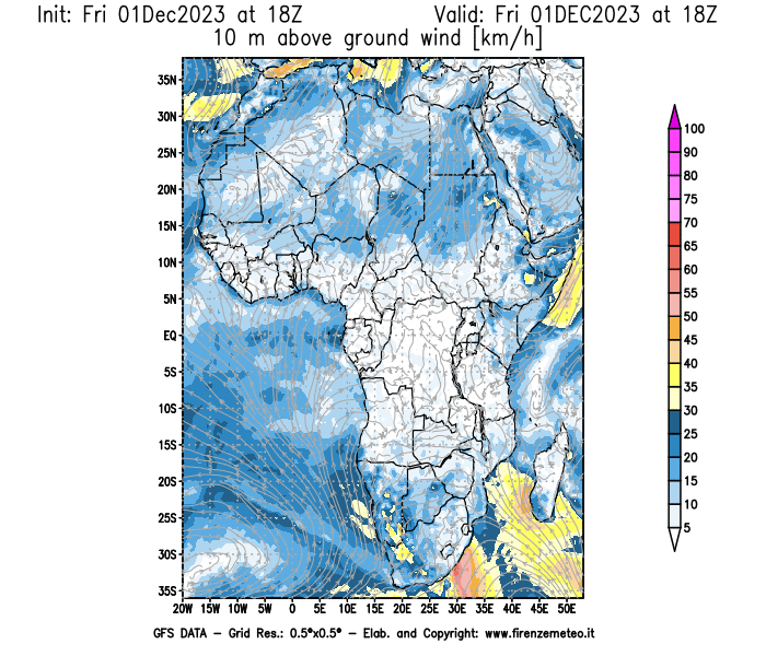 Mappa di analisi GFS - Velocità del vento a 10 metri dal suolo in Africa
							del 1 dicembre 2023 z18