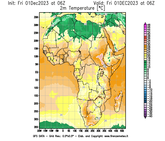 Mappa di analisi GFS - Temperatura a 2 metri dal suolo in Africa
							del 1 dicembre 2023 z06