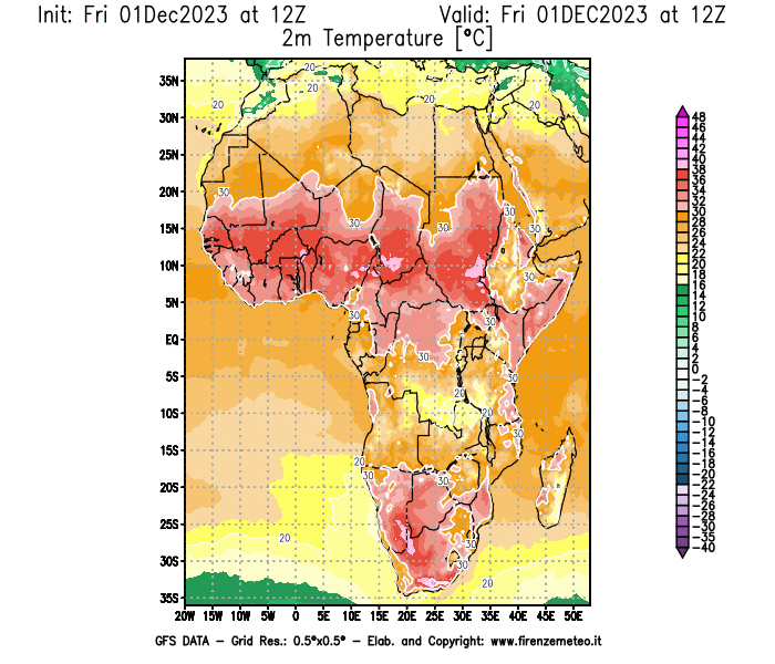 Mappa di analisi GFS - Temperatura a 2 metri dal suolo in Africa
							del 1 dicembre 2023 z12