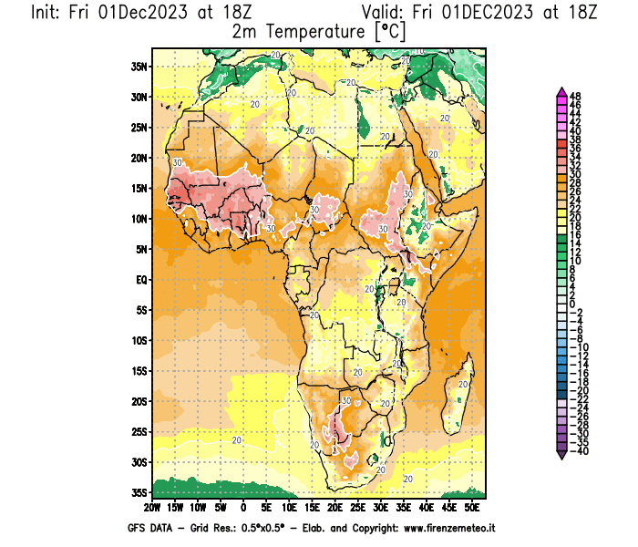 Mappa di analisi GFS - Temperatura a 2 metri dal suolo in Africa
							del 1 dicembre 2023 z18