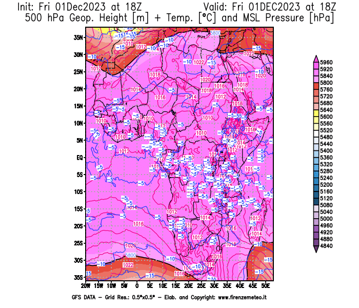 GFS analysi map - Geopotential + Temp. at 500 hPa + Sea Level Pressure in Africa
									on December 1, 2023 H18