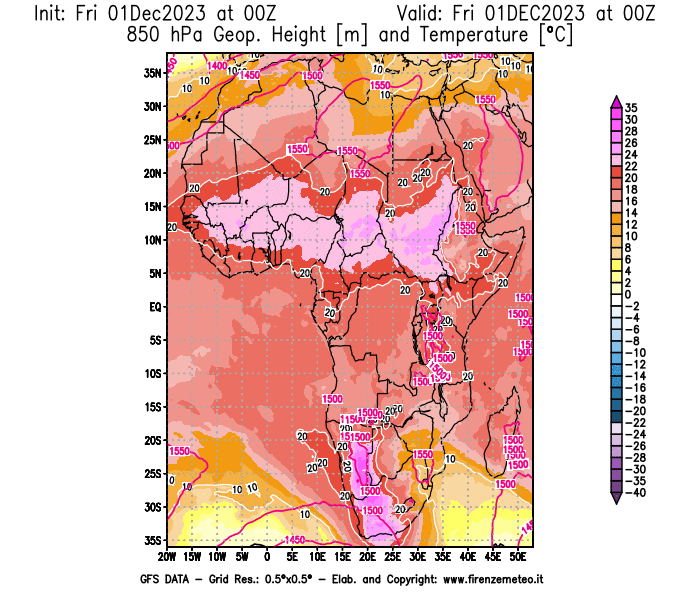 Mappa di analisi GFS - Geopotenziale e Temperatura a 850 hPa in Africa
							del 1 dicembre 2023 z00