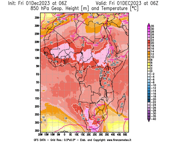 Mappa di analisi GFS - Geopotenziale e Temperatura a 850 hPa in Africa
							del 1 dicembre 2023 z06