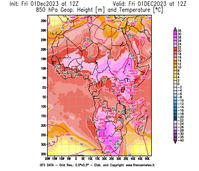 Mappa di analisi GFS - Geopotenziale e Temperatura a 850 hPa in Africa
							del 1 dicembre 2023 z12