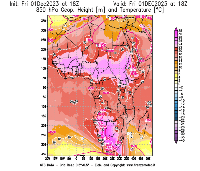 Mappa di analisi GFS - Geopotenziale e Temperatura a 850 hPa in Africa
							del 1 dicembre 2023 z18