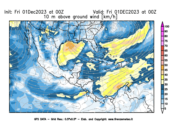 Mappa di analisi GFS - Velocità del vento a 10 metri dal suolo in Centro-America
							del 1 dicembre 2023 z00