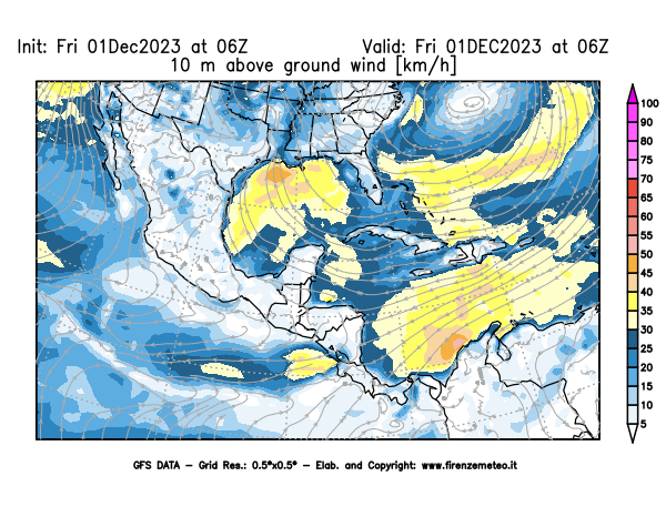Mappa di analisi GFS - Velocità del vento a 10 metri dal suolo in Centro-America
							del 1 dicembre 2023 z06