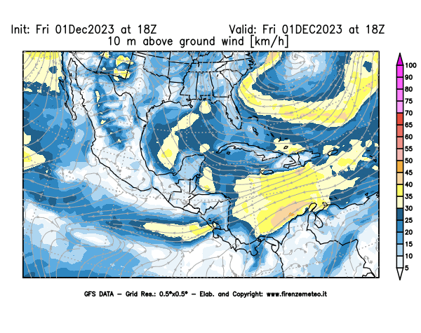GFS analysi map - Wind Speed at 10 m above ground in Central America
									on December 1, 2023 H18